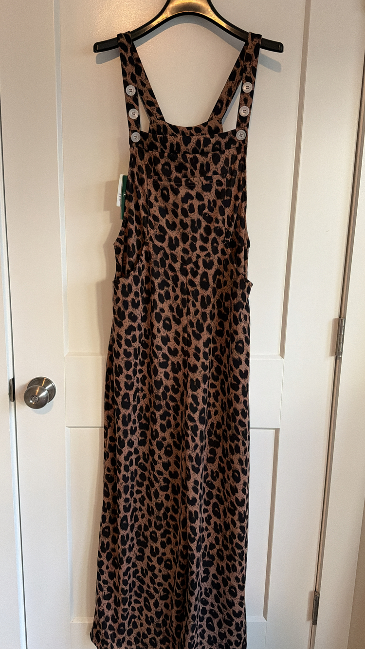 Halara Women's Leopard Print Overalls Brown Size M Fleece Button Jumpsuit